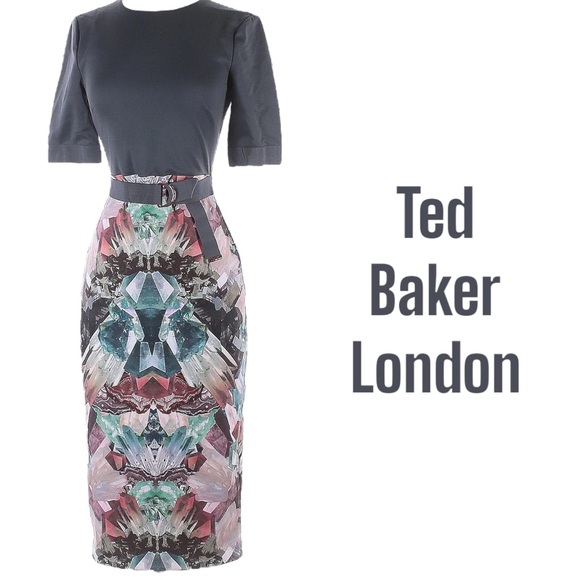 Ted Baker gray multicolor fitted midi dress size 00 Anaste Mirror Minerals Print - Picture 4 of 12